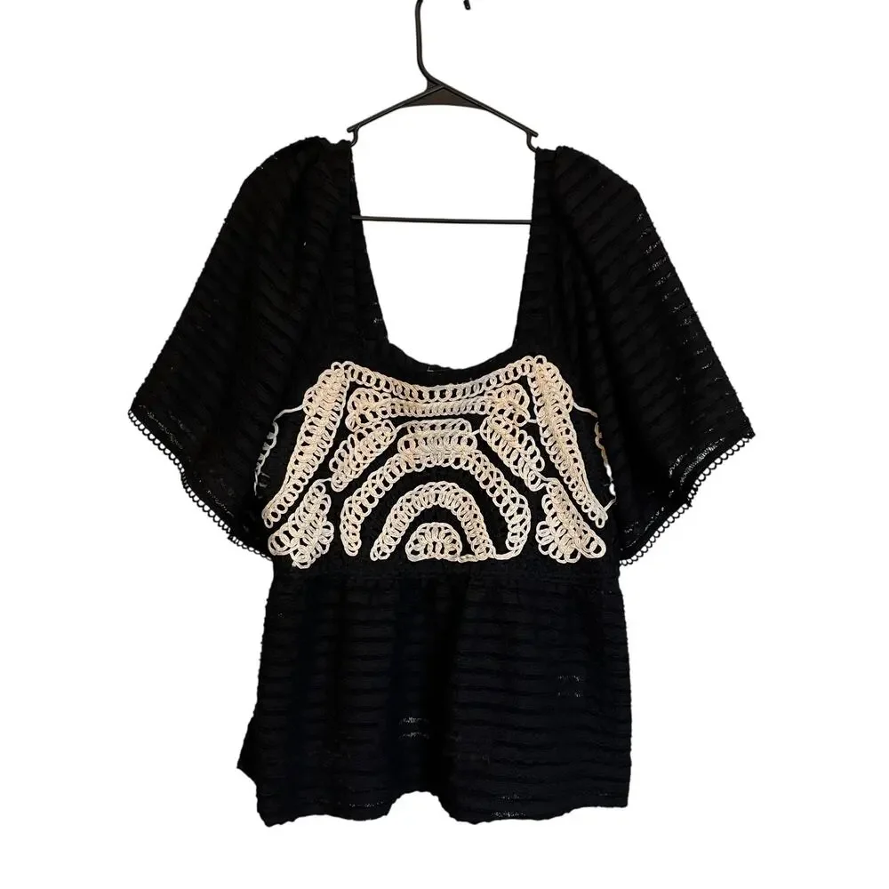 Anthropologie Sarah Hann Black Flutter-Sleeve Crochet Top Embroidered Babydoll L